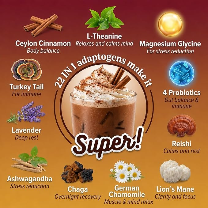 Mushroom Hot Cocoa Powder with Magnesium Glycinate, L-Theanine, Probiotics, Ashwagandha, Reishi, Cacao Powder Organic Hot Chocolate Supplement for Sleep, Relax, Digestion, No Melatonin, Vegan, 7.4oz