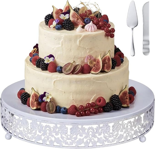 Wenqik 12 Inch White Cake Stand Set Metal Round Cupcake Dessert Stand with Cake Cutting, Flower Spatula Wedding Cupcake Pastry Display Candy Holder Display for Wedding Party Birthday Baby Shower