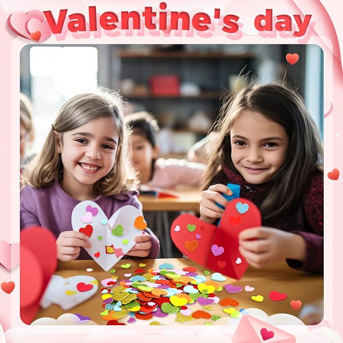 600Pcs Glitter Foam Heart Stickers Valentines Day Love Sticker | 3 Sizes, Self-Adhesive Heart Decal, Party Favors, Handmade Card DIY Crafts, Love-Themed Projects Decorations, Valentines Gift