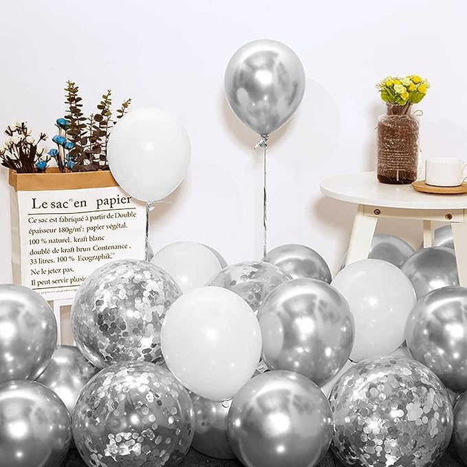 Bezente White Silver Balloon Garland Kit,100Pcs White Silver Metallic Chrome and Silver Confetti Balloons with Balloon Tape for Winter Wonderland Wedding Prom Special Events Party Winter Decor