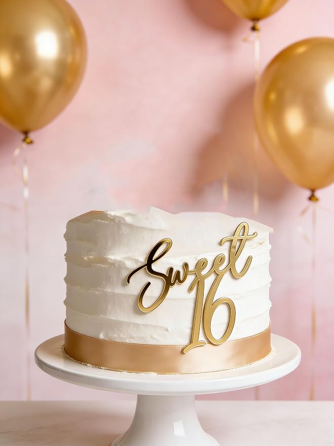 Sweet 16 Cake Topper, Gold Acrylic Finally 16 Cheers to 16 Years Cake Decoratio,16th Birthday Party Decoration,Sweet Sixteen Theme Party Decorations for Birthday Anniversary Wedding Party Cake Decor