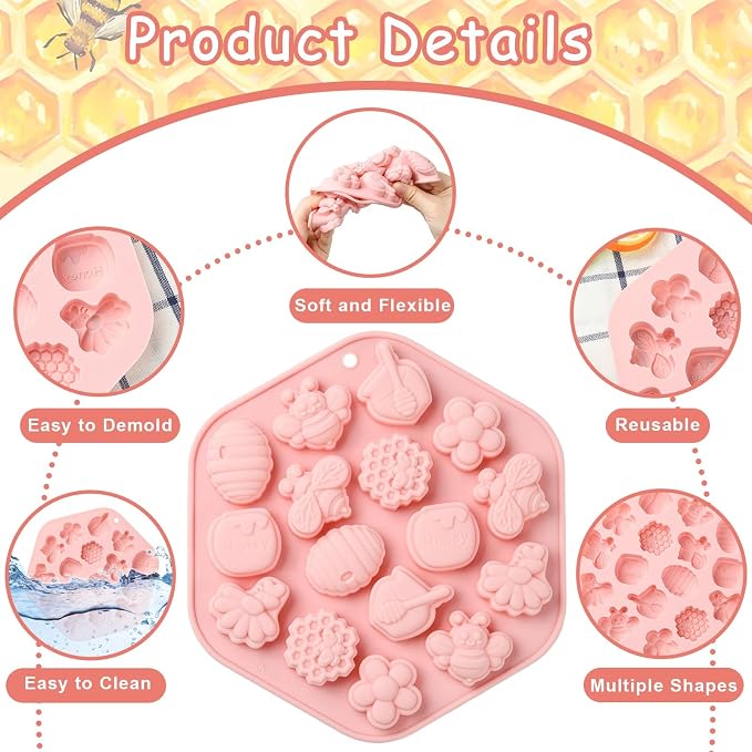 Ipotkitt 2pcs Pink Bee Theme Silicone Candy Molds Insect Animal Spring Theme Gummy Molds for Jelly Fondant Chocolate Candy Mousse Ice Cake DIY Crafts Keto Fat Bomb