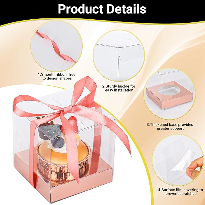 EUSOAR Rose Gold Tall Cupcake Containers, 50pcs 3.5 Inch Individual Cupcake Boxes Storage for Cake Dessert, Plastic Cupcake Wrappers Cupcake Holder with Ribbon for Wedding Birthday Party Favor
