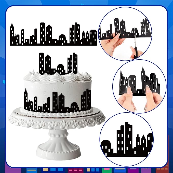 6Pcs City Cake Border Decoration Black City Building Birthday Cake Decoration Toppers Stick On or Lay On Toppers Birthday Decor Accessories for Party Lighted City Backdrop