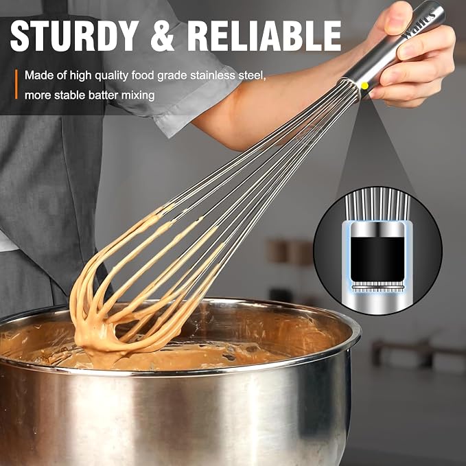 Walfos Whisks Large Whisk Set of 2, Heavy Duty Stainless Steel Wire Whisk Ideal For Beating Eggs, Mixing Batter & Blending Sauces.（13in+17in)