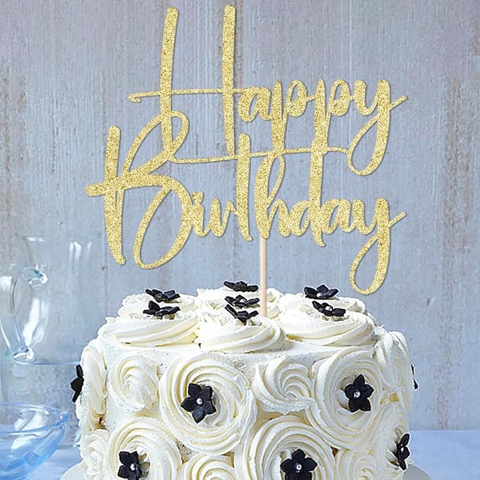 Gold Glitter Happy Birthday Cake Topper, Gold Glitter Happy Birthday Cake Bunting Deco, Baby Gender Reveal Party/Anniversary Party Decoration Supplies (Paper)