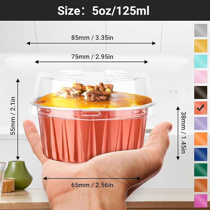 EUSOAR Creme Brulee Ramekins Disposable, 50pcs 5oz Oven Safe Baking Cups with Lids Foil Dessert Cups, Mini Cheesecake Pan Cupcake Liners Wrappers Custard Flan Molds Containers for Wedding Birthday