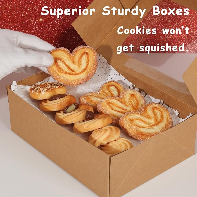 YEKTFS 12pcs Gold Star Cookie Boxes, Brown Bakery Boxes with Window 8.25x6x2.75in Gold Foil Star Treat Cake Boxes for Gift Giving Pastry Dessert Cupcakes Candy Donut Packaging (KRAFT PAPER, 12)