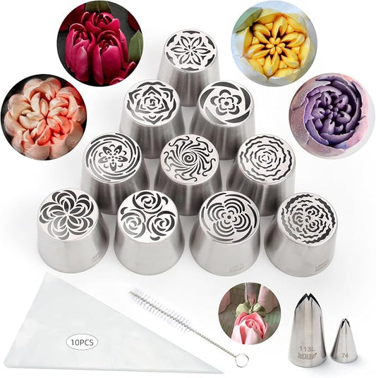 10 Pcs Extra Large Cake Decorating Russian Flower Piping Tips Set, Oversize Russian Flower Piping Tips, 2 Leaf Piping Nozzles,10 Disposable Pastry Bags with 1 Cleaning Brush for Cake Decorations