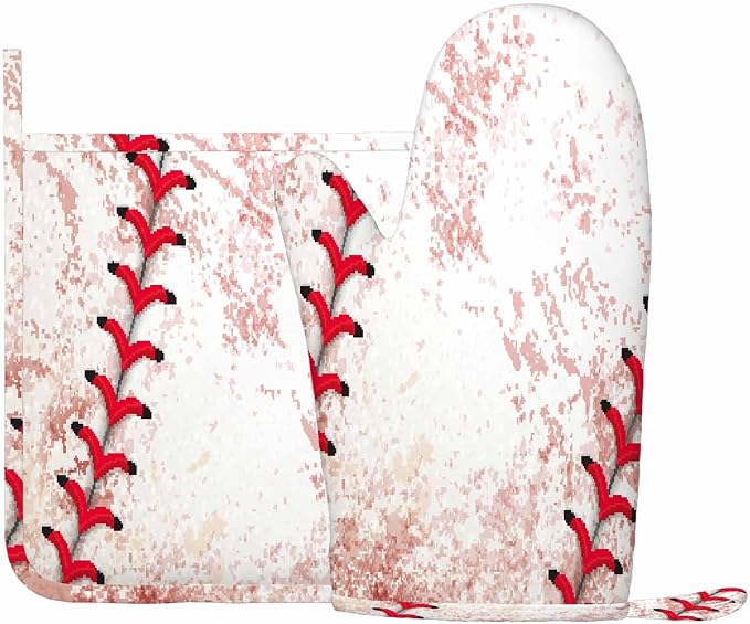 Mxocom Baseball Background Silicone Oven Mitts and Pot Holders Sets BBQ Gloves for Kitchen,Cooking,Baking,Grilling