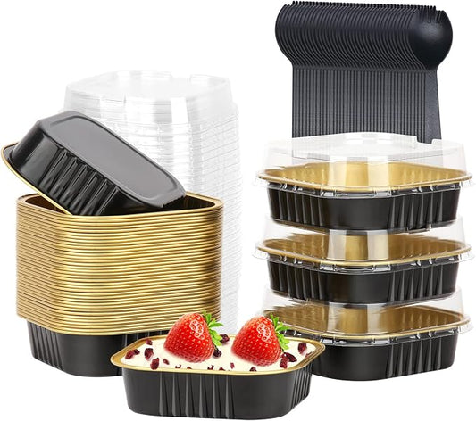 LNYZQUS 7.5oz Cupcake Mini Cake Pans With Lids 40 Pack, Aluminum Cupcake Liners Brownie Baking Pans,Square 4”x4” Disposable Ramekins Creme Brulee Cups,Jumbo Muffin Tin Holders-Black In Gold