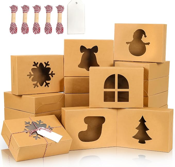 36 PCS Christmas Cookie Boxes, 8x6x2.5 Inches Bakery Boxes with Window Pastry Treat Boxes for Chocolate Strawberries, Cupcakes, Muffins, Dessert Donuts Gift-Givingand Party