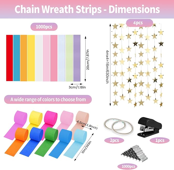 1000 Sheet Paper Chain Garland Strips Set with 10 Rolls Crepe Paper Streamers & 52.8ft Gold Star Garland,DIY Construction Paper Chain Kit for Birthday, Wedding, Classroom, Party Decorations (Macaron)