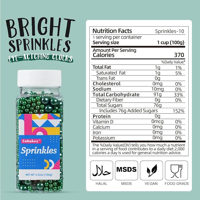 Green Sprinkles for Cake Decorating, 100g/3.5oz Edible Christmas Green Pearl Sprinkles Mix, Sugar Candy Pearls for Baking, Cookie Decorations and Cupcake Toppings, Wedding Party St Patrick Day Holiday Supplies
