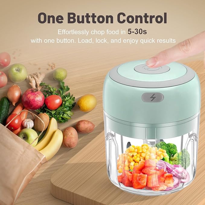 Electric Mini Garlic Chopper & Food Processor with Spoon & Brush - 2 Cup Portable Cordless Vegetable Blender, Onion Mincer with USB Charging for Baby Food, Chili, Herbs, Spices(Green 100+250ml)