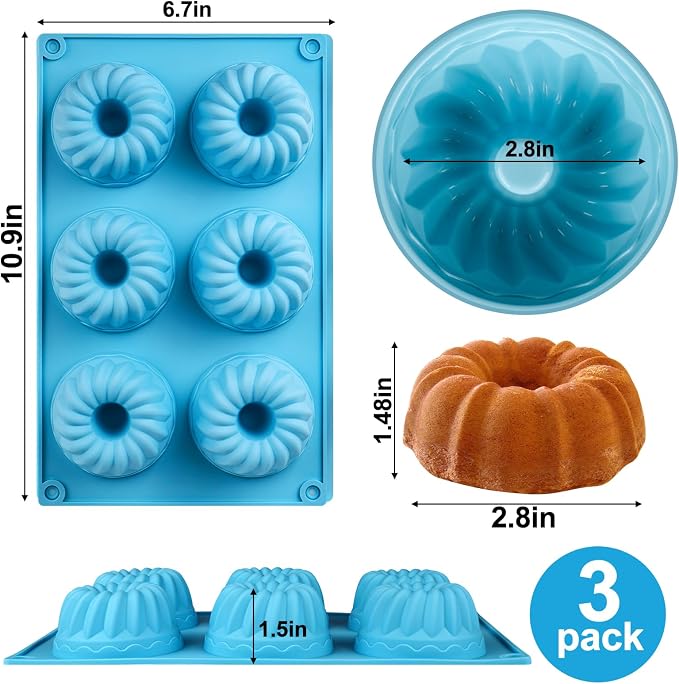 Palksky 3PCS 6-Cavity Mini Fluted Tube Pan Silicone Non-Stick Multi-Cavity small Cake Baking Pan, mini moldes para chocoflan