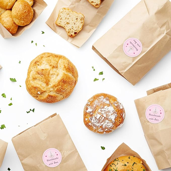 Pink Bakery Use Baked with Love Stickers, 1.5 inch 500 PCS, Heart & Letter Print, Waterproof, Matte Finish, Traditional & Vintage Style, Perfect for Baked Goods, Small Businesses