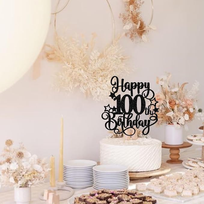 1 PCS Happy 100th Birthday Cake Topper - Glitter Cheers to 100 Years Cake Pick - Hello 100 Fabulous Cake Decoration for Anniversary Party Supplies - Black