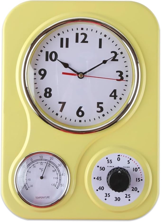 Lily's Home - 9 Inch x 12.5 Inch - Retro Kitchen Wall Clock, Vintage Wall Clock with a Thermometer and 60-Minute Timer, Ideal for Any Kitchen, Office, or Diner (Yellow)