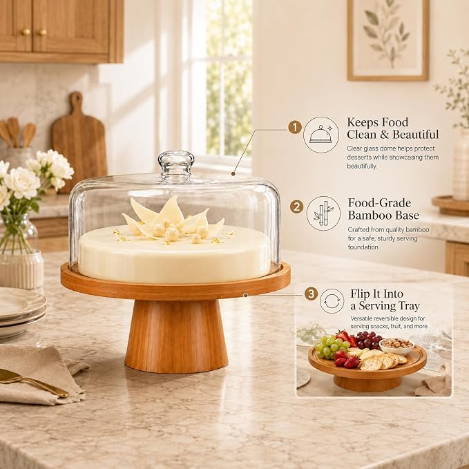 Bamboo Cake Stand with Glass Dome Lid, 12 Inch Wooden Cake Holder with Magnetic Base, Detachable Serving Tray for Cake, Cheese, Charcuterie, Snacks, Desserts, Party & Kitchen Display
