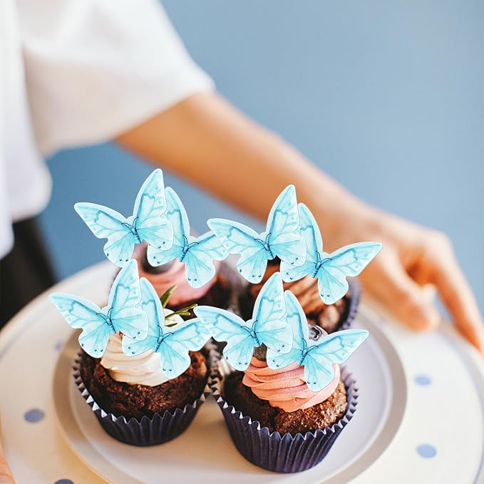 48 PCS Edible Butterfly Cupcake Toppers - Wafer Paper Butterflies & Cupcake Picks for Butterfly Theme Baby Shower, Wedding, Birthday Party - Blue