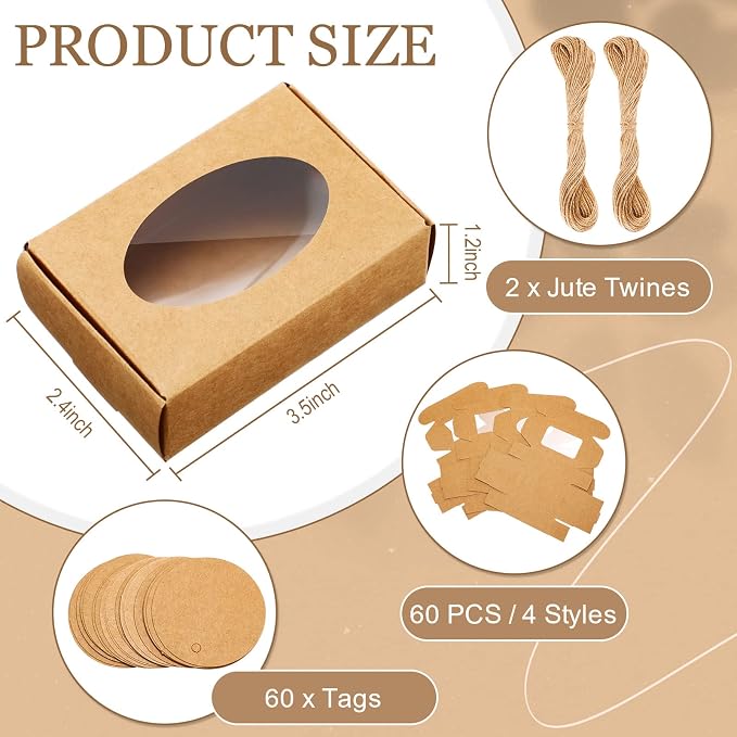 Yexiya 60 Pcs Homemade Soap Boxes 3.55 x 2.4 x 1.2 Inch Kraft Soap Box with Window Mini Gift Packaging Supplies for Homemade Bakery Candy Cookies Party Favor(Kraft Color)