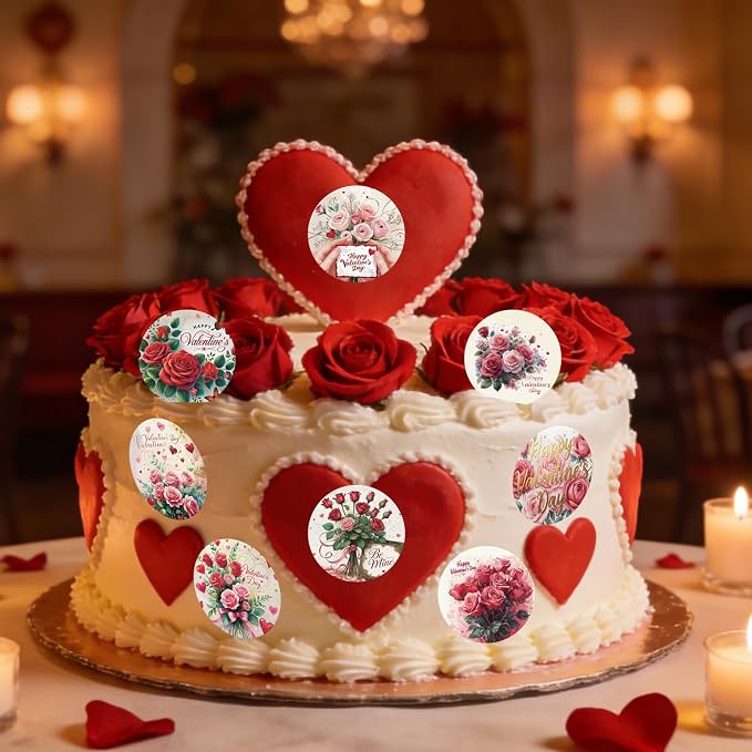 36PCS Edible Happy Valentine’s Day Cupcake Toppers Wafer Paper Roses Be Mine Kiss Me Cupcake Picks Valentine’s Cake Decor for Valentine's Day Theme Wedding Party Supplies