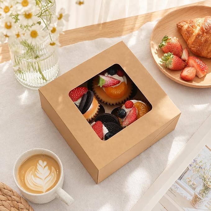 25 Kraft Cupcake Boxes, 4 Count Cupcake Containers with Window and Inserts, 6.3×6.3×3 Inches Cupcake Holders for Cupcakes, Muffins, Cookies, Desserts, Pastries