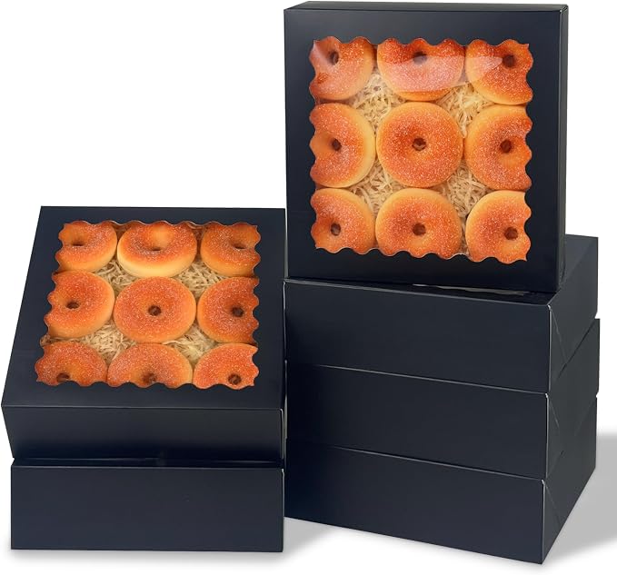 qiqee 9x9x2.5 Inch Black Pie Boxes with Window 12Packs Cookie Donut Bakery Box (Auto-pop Up)