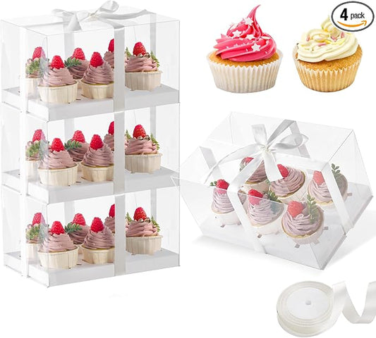 JCD 4 Pack Clear Cupcake Boxes, Plastic Cupcake Containers with Gift Ribbon, 5.5inches height Holder 6 Count Cup Cake Boxes for Parties, Baking, Wedding, Transport (6count/4pcs)