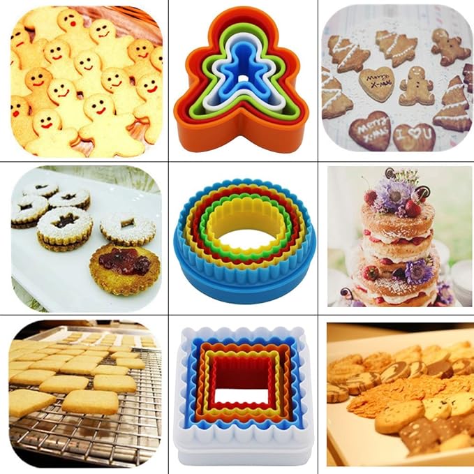 32 PCS Cookie Cutter Set, Biscuit Cutter Set, Multi-size Sandwich Fondant Cake Fruit Vegetable Shapes Cutter Set (Square, Round, Star, Heart, Flower, Gingersnap)