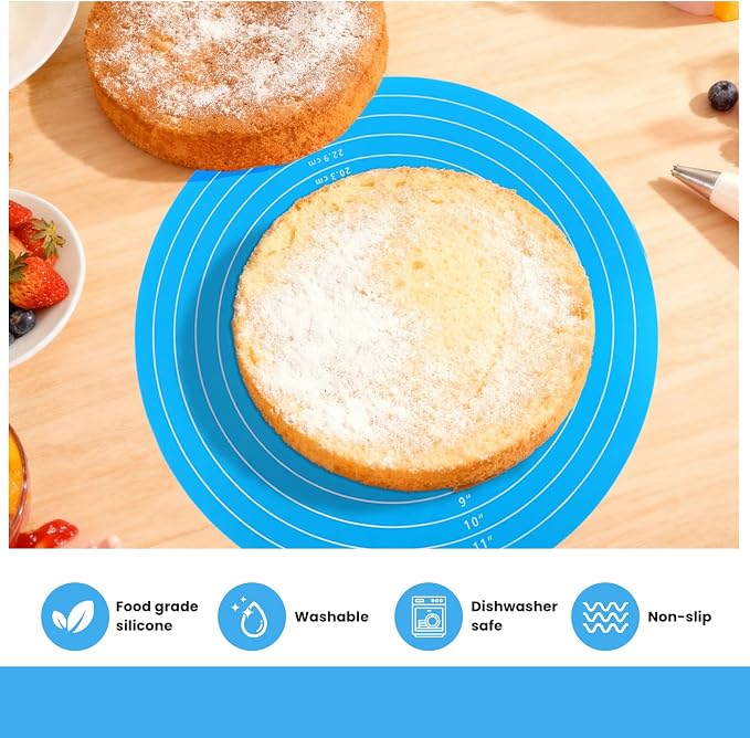 4 Pcs Silicone Baking Mat, 12 Inch Round Silicone Cake Mat, Non-Stick Heat Resistant Reusable Cookie Mat with Measurements for Baking Pizza Pan Rolling Dough Pastry