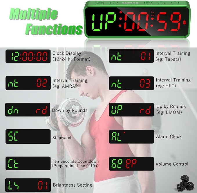 Small Gym Timer Clock Stopwatch Magnetic Workout Interval Timer, Large LED Digital Display, Home Accessories Countdown Clock for Home Gym Garage Schools (Matte Green)