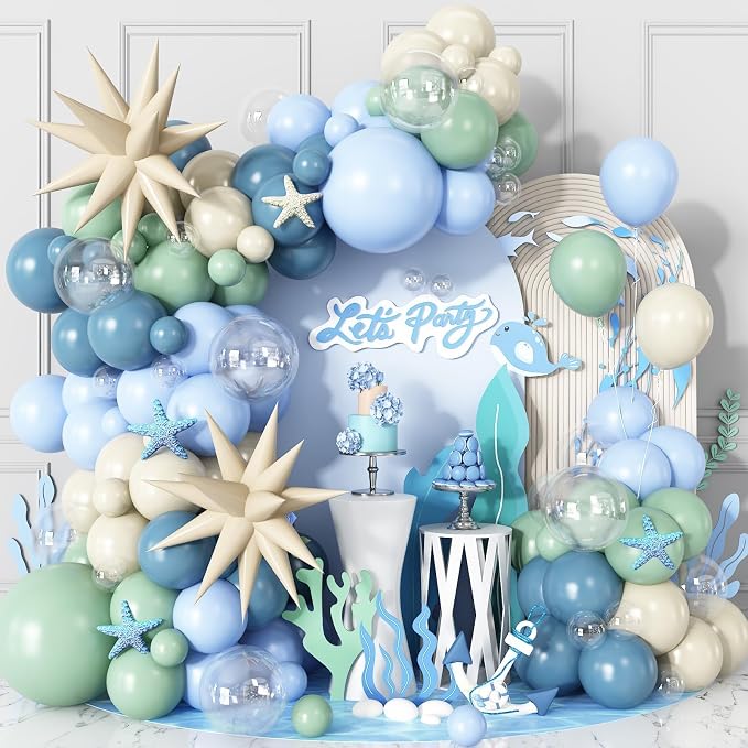 Under the Sea Balloon Arch Garland Kit with Dusty Blue Pastel Green Sand White Star Foil Balloon for Ocean Themed Birthday Baby Shower Party Decorations