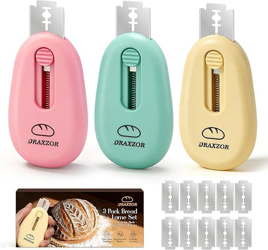 3-Pack Bread Lame, Professional Sourdough Scoring Tool & Bread Scoring Tool, Dough Scoring Tool Set with Ergonomic Handle, Includes 10 Replacement Razor Blades & Scoring Patterns Booklet