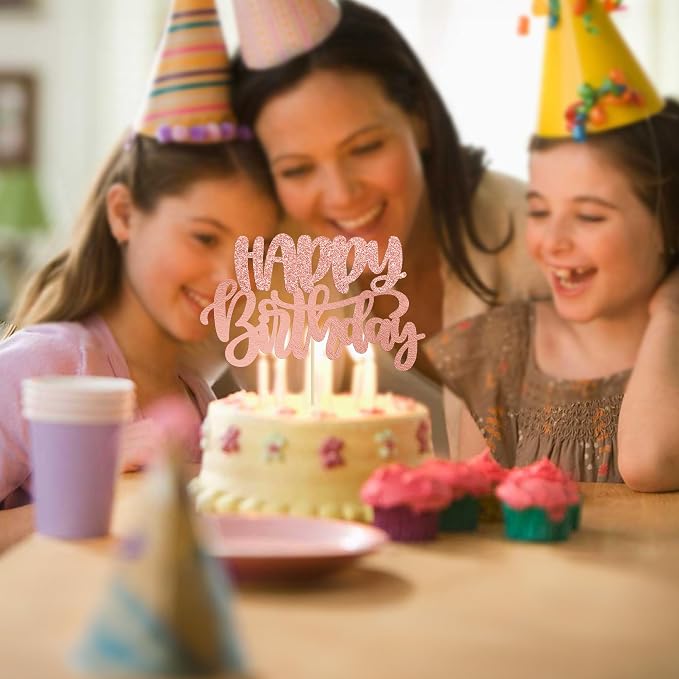 Gyufise 1Pcs Happy Birthday Cake Topper Glitter Cake Pick for Celebrating Anniversary Theme Party Cake Decorations Supplies Rose Gold