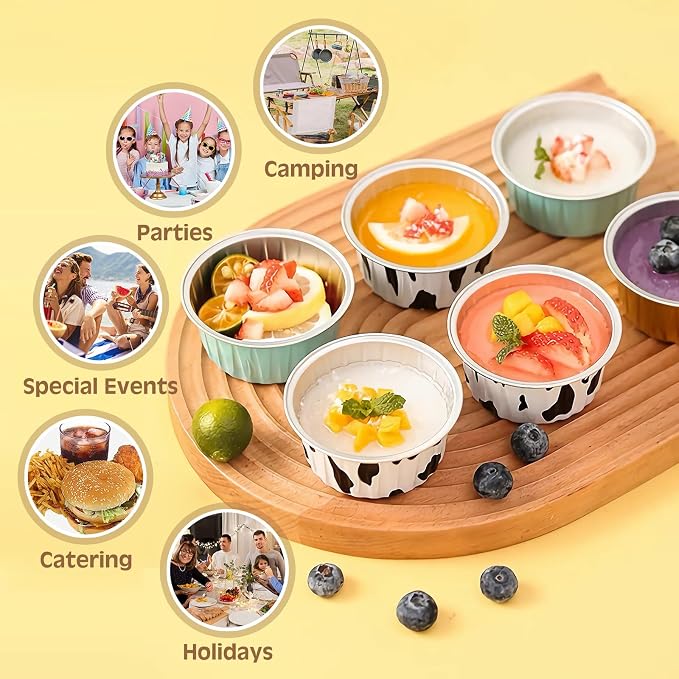 50PCS Mixed color Disposable Ramekins with lids,5oz Mini Aluminium Foil Baking Cups Creme Brulee Cupcake Liners, Desert Cheesecake Pans Flan Molds Tin Cups Containers for Party