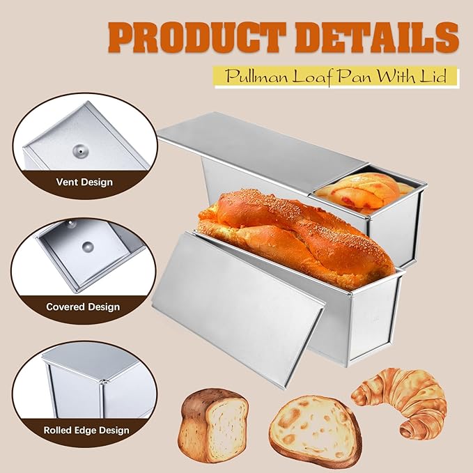 2 Pack Stainless Steel Pullman Loaf Pan with Lid, 13x4 Inch Large Capacity Pullman Loaf Pan With Lid, Non-Stick Pullman Bread Pan Bakeware Steel Bread Toast Box with Cover for Baking Bread Sandwich