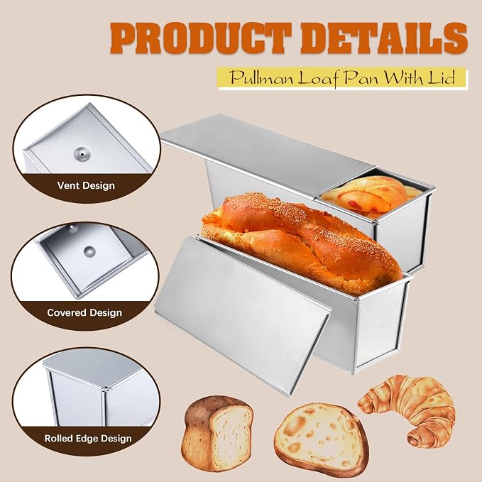1 Pack Pullman Loaf Pan with Lid, 13x4 Inch Large Capacity Bread Loaf Pan with Cover, Non-Stick Bakeware for Baking Bread, Carbon Steel Bread Toast Box with Cover, Pullman Loaf Pan for Sandwich Bread