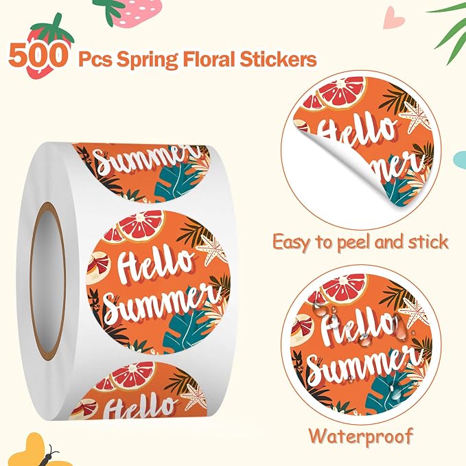 Louise Maelys 500 Pcs Tropical Plant Friut Hello Summer Stickers Roll, 1.5 Inch Happy Holiday Lable for Kids and Adult, Adhesive Decoration Round Labels for Baking Card Gift Envelope Craft Making