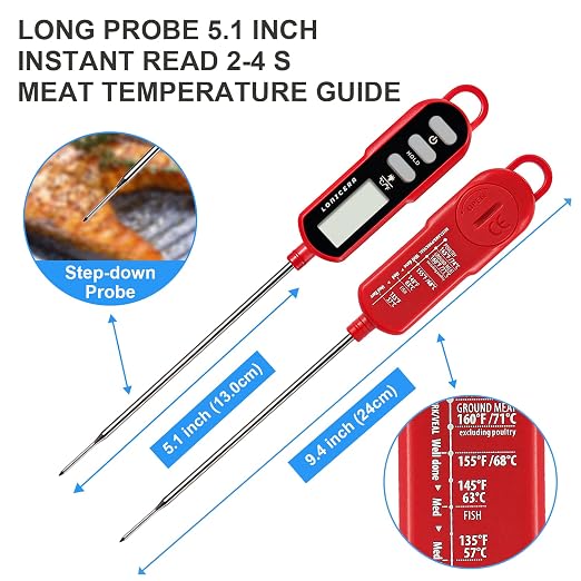 Lonicera Digital Cooking Thermometer for Bread Baking, 5" Probe, Instant Read 2-3s, IPX6 Waterproof Food Thermometer with Backlight, for Liquid, Water & Meat (Red)