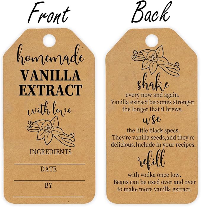 50PCS Kraft Vanilla Extract Labels Homemade Vanilla Extract Tags with Instructions for Gifting & Refilling Handcrafted Vanilla Bottles,Kitchen Pantry,Jar,2.6 * 1.3 in