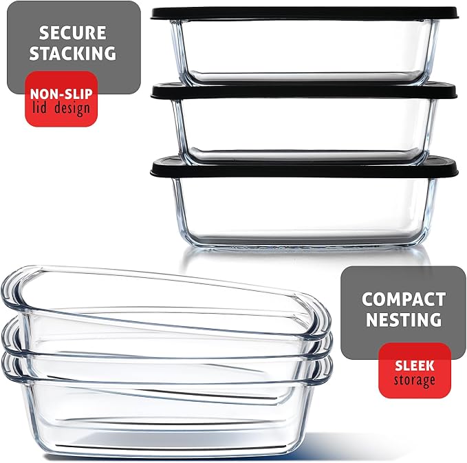 Nestl Set of 3 Glass Bread Loaf Pans for Baking Bread Pans for Homemade Breads, Glass Food Storage Containers with Lids, Glass Baking Dishes for Oven, Pound Cake Pan, Loaf Pan, 1.9 Quart