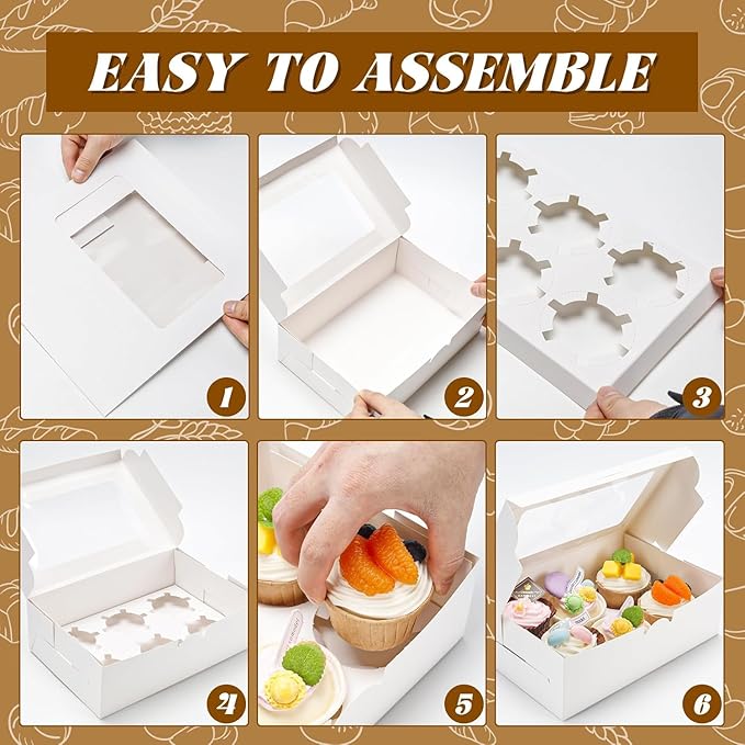 NPLUX 6 Pack Cupcake Boxes with Inserts 6 Holders, White Standard Bakery Boxes with Window Food Grade Cupcake Containers 6 Count for Muffins