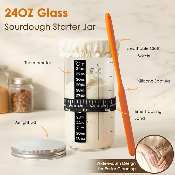 Kikcoin 13 PCS Sourdough Starter Kit with Round & Oval Banneton, Sourdough Bread Baking Supplies with Handmade Baskets, Bread Proofing Basket with Starter Jar, Bread Making Tools Kit for Beginners