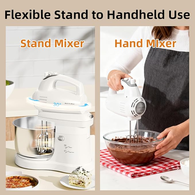 3.2QT 2-in-1 Stand Mixer, Electric Kitchen Mixer with Auto-Rotating Bowl & Tilt-Head, 5-Speed 250W Turbo Baking Machine for Beginners with Beater & Dough Hook for Cookie, Bread, Cake (White)