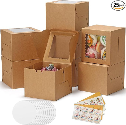 COTOPHER 50pcs 6x6x5 Inch Mini Cake Boxes, 6 Inches Small Bakery Box (25 Boxes & 25 Boards), Bento Cake Containers for Cookies, Cupcake, Desserts, Birthday, Party, Wedding, Valentine's Day