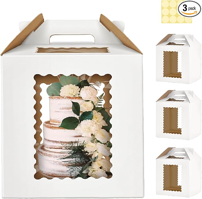 3 Pack 12x12x12 Inch Tall Cake Boxes with windows,10in 12in Tall Cake Carrier, Large Tiered Cake Box,Disposable Layer Tall Baking Carrier with Handle for Wedding, Birthday