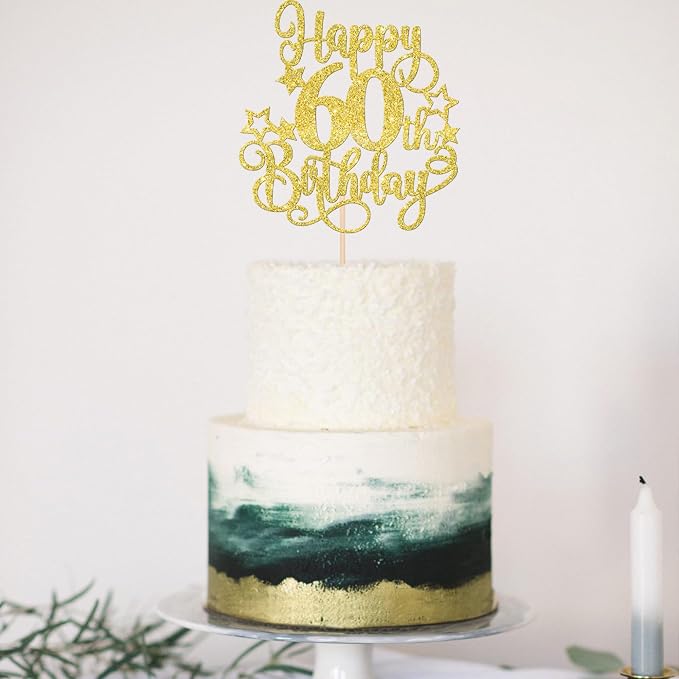 1 PCS Happy 60th Birthday Cake Topper Glitter Cheers to 60 Years Birthday Cake Pick Hello 60 Fabulous Cake Decoration for Happy 60th Birthday Anniversary Party Decorations Supplies Gold