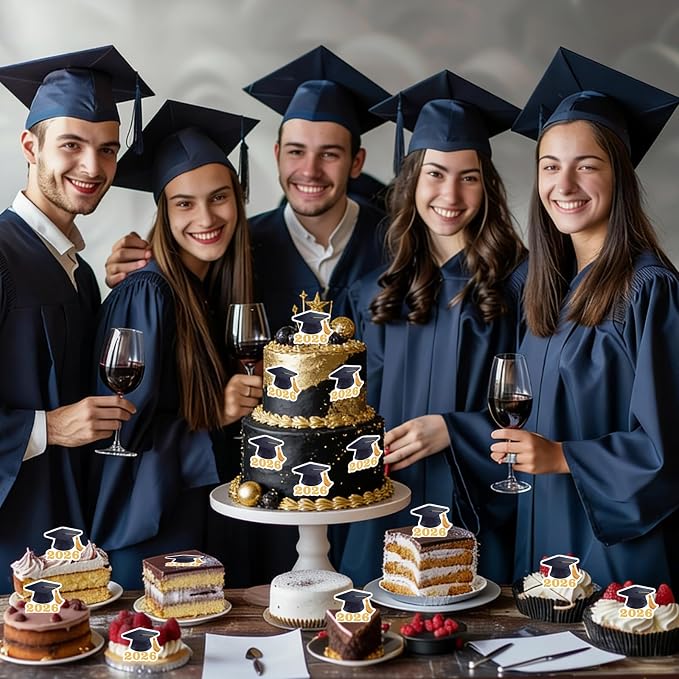 42pcs Edible Graduation Cap Cupcake Toppers Wafer Paper Gold Class of 2026 Cake Decorations Edible Grad Cap Cupcake Picks for 2026 Graduation Theme Party Cake Decor Supplies